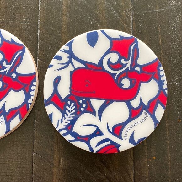 Vineyard Vines Whale Coasters Blue Red Colorful Nordic 4 inches Rubber Wood - Picture 3 of 6